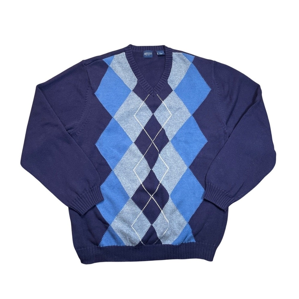 Vintage ARROW Mens V Neck Argyle Sweater Navy Blue Classic Sz‎ Large Grandpacore